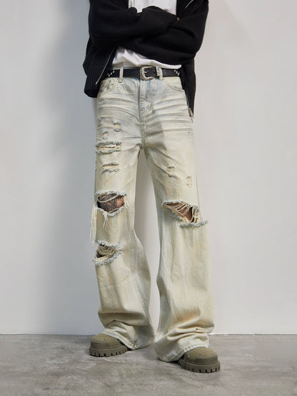 Hole Damage Pleats Straight Wide Leg Denim Jeans WN21175