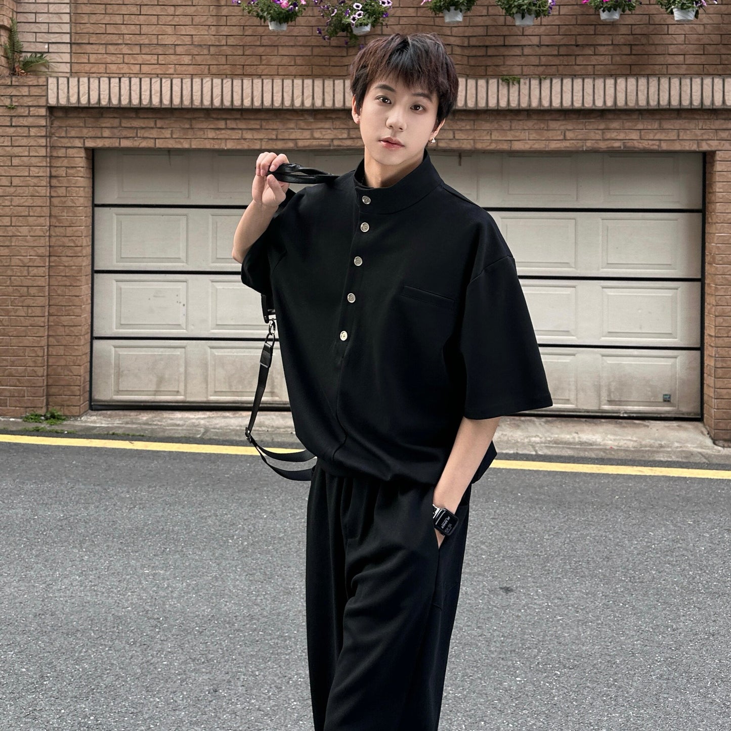 Standing-Collar Button Short Sleeve T-Shirt & Wide Leg Sweatpants Setup WN25303
