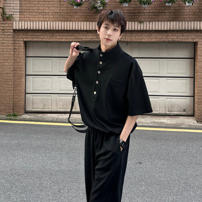 Standing-Collar Button Short Sleeve T-Shirt & Wide Leg Sweatpants Setup WN25303