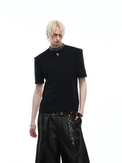 Rhinestone Pearl Neck Short Sleeve T-Shirt WN16320