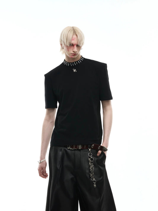 Rhinestone Pearl Neck Short Sleeve T-Shirt WN16320