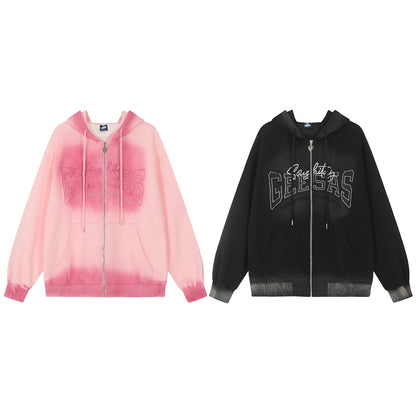 Gradient Letter Patchwork Oversize Zipper Hoodie WN11160