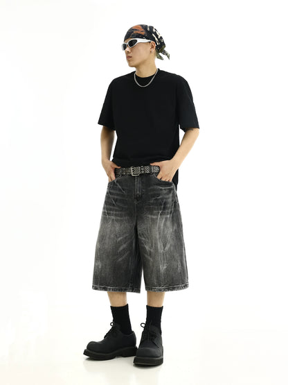 Washed Wide Leg Straight Denim Short Pants WN8265