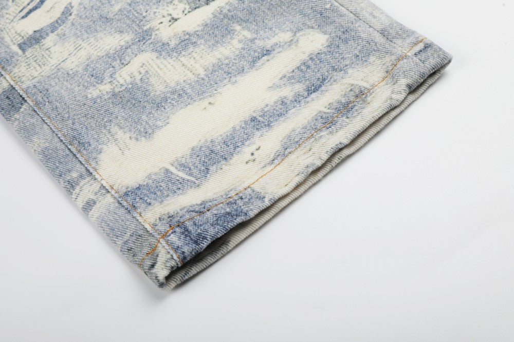 3D Print Damage Washed Wide Leg Denim Jeans WN27953