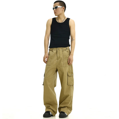 Washed Multiple Pocket Wide Leg Straight Cargo Pants WN8269