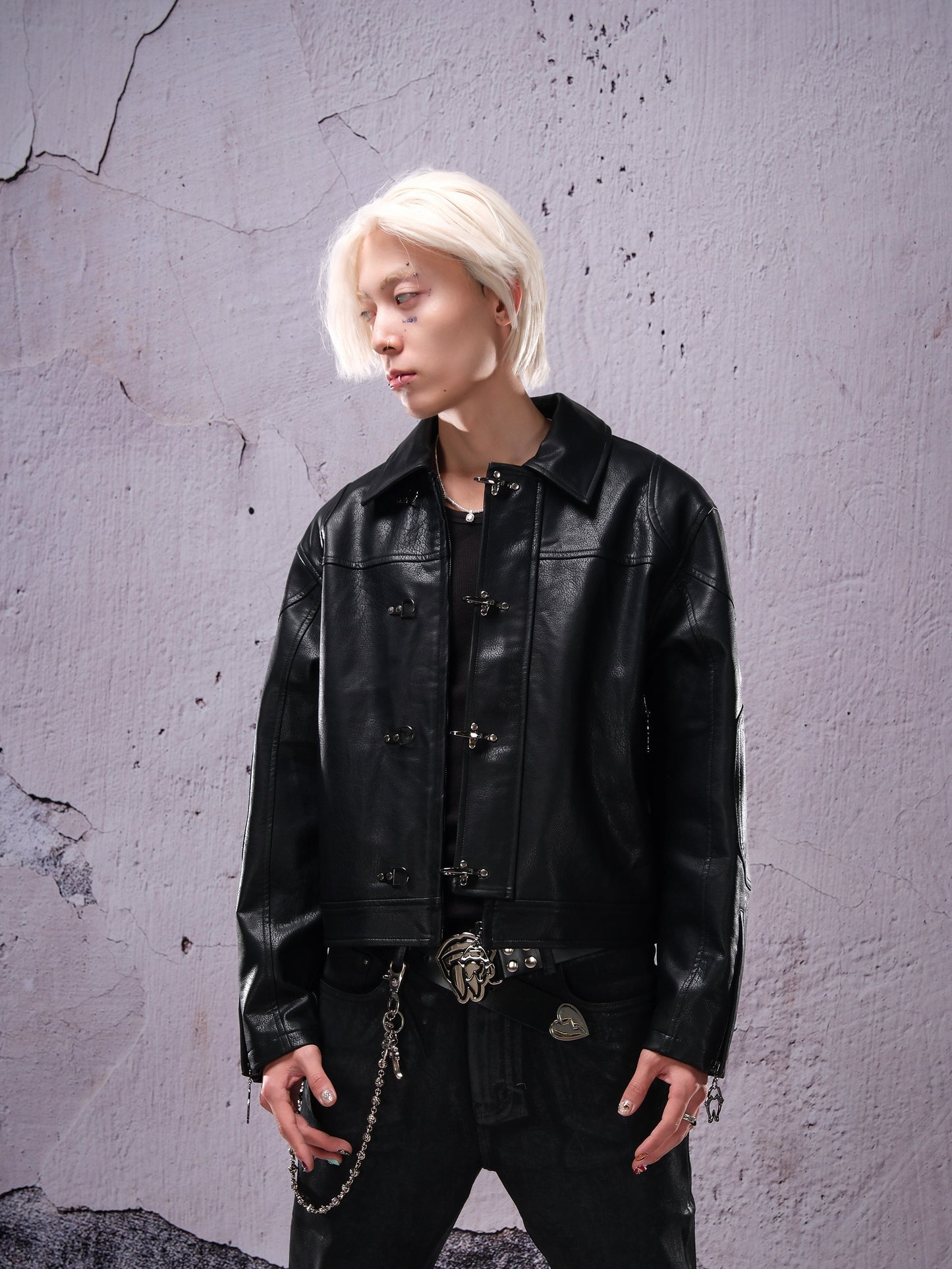 Metal Buckle Panel PU Leather Jacket WN26644