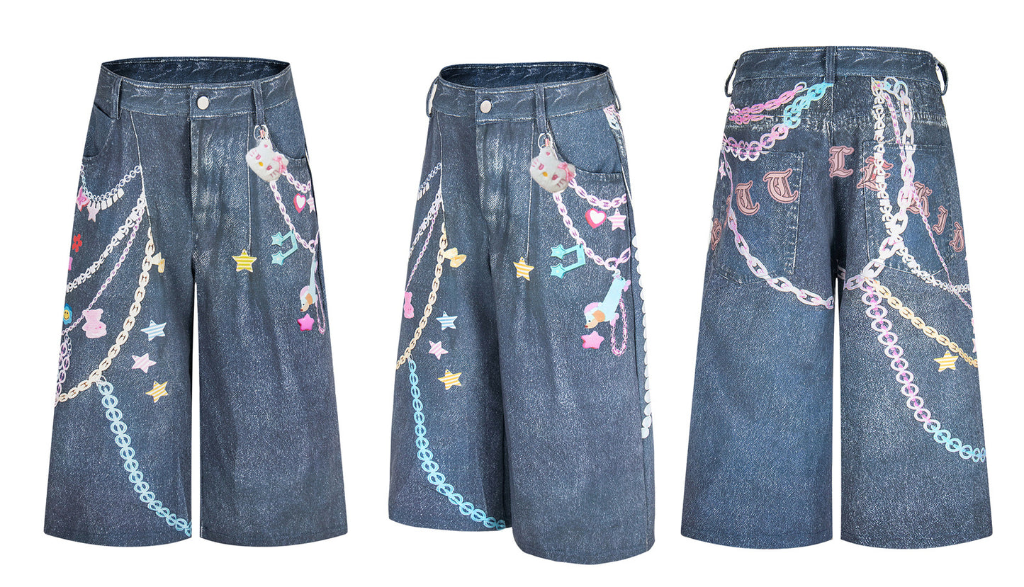 3D Chain Print Curved Leg Cropped Denim Pants WN26838