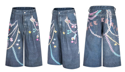 3D Chain Print Curved Leg Cropped Denim Pants WN26838