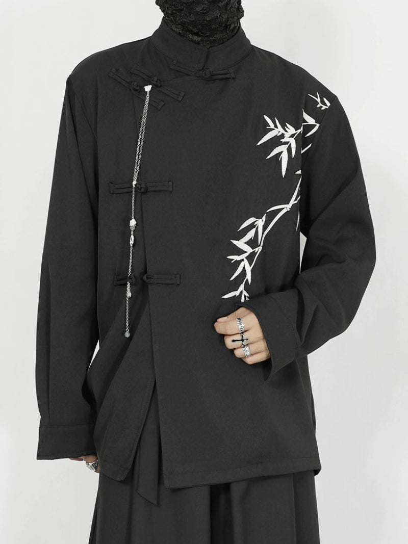 Standing-Collar Frog Button Bamboo Embroidery Long Sleeve Shirt WN20157