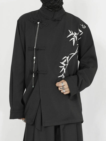 Standing-Collar Frog Button Bamboo Embroidery Long Sleeve Shirt WN20157