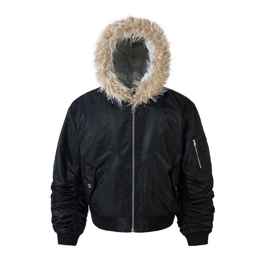 Fake Layered Wrinkled Fur Collar Hooded Padded Jacket WN11317