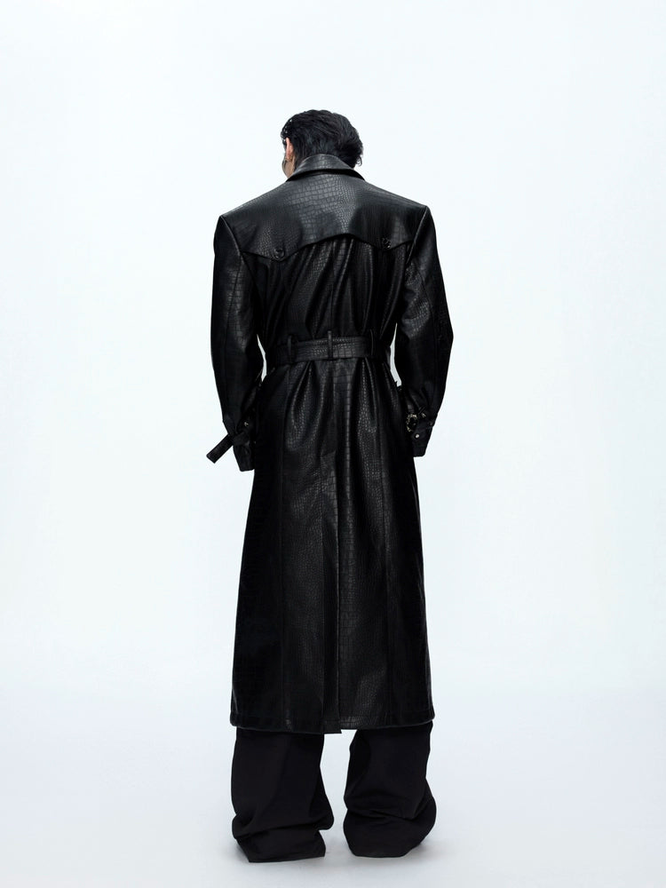 Deconstruction Crocodile-Pattern Metal Buckle Long Coat WN21230
