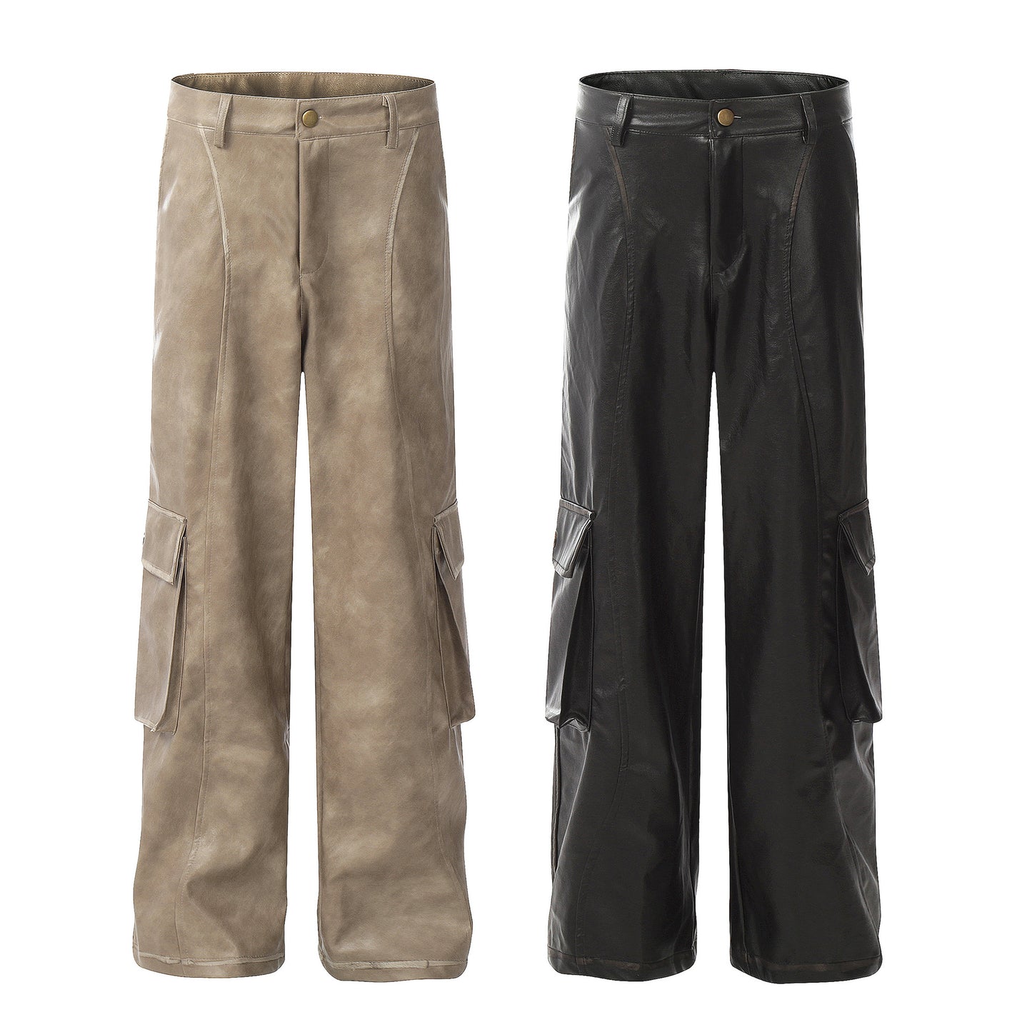 Wide-Leg Straight PU Leather Cargo Pants WN11015