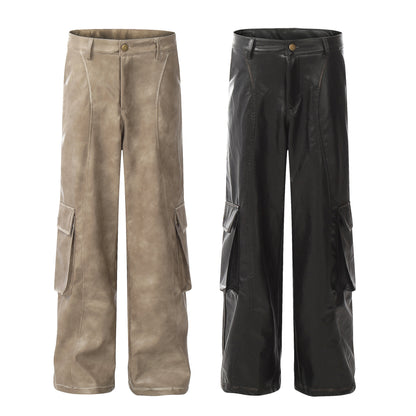 Wide-Leg Straight PU Leather Cargo Pants WN11015