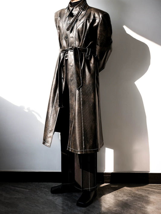 Washed Textured Padded Leather Trench Coat WN11820