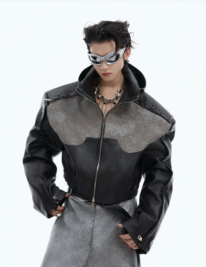 Shoulder Pad PU Leather Short Hooded Jacket WN8665