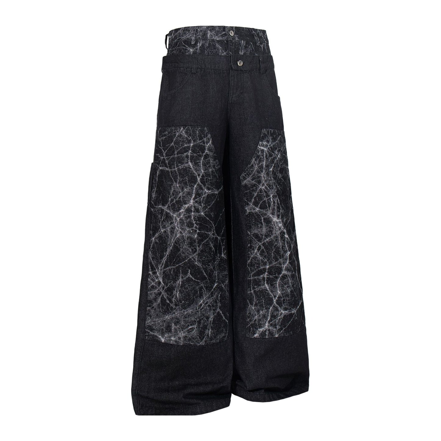 Double Waist Marble Panel Wide Leg Denim Jeans WN25907