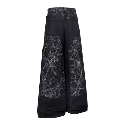 Double Waist Marble Panel Wide Leg Denim Jeans WN25907