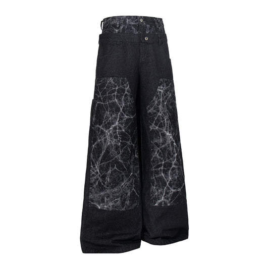 Double Waist Marble Panel Wide Leg Denim Jeans WN25907
