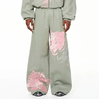 Leopard Embroidery Fleece Lining Thick Fur Patchwork Hoodie & Pants Setup WN22653