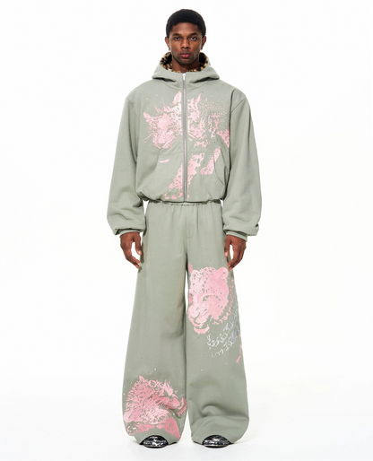 Leopard Embroidery Fleece Lining Thick Fur Patchwork Hoodie & Pants Setup WN22653