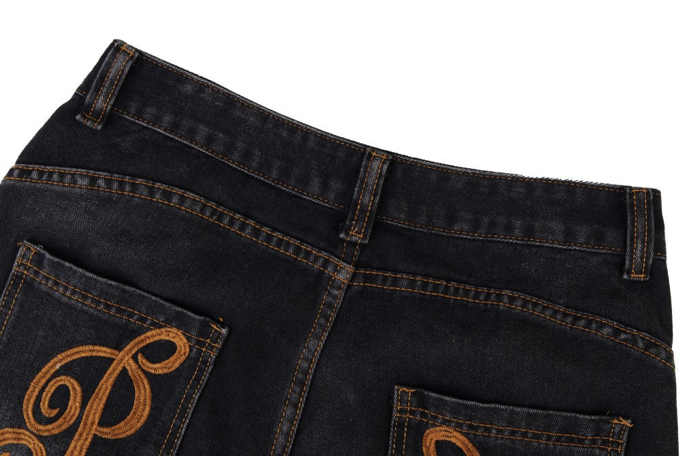 Embroidery Washed Wide Leg Denim Jeans WN28022