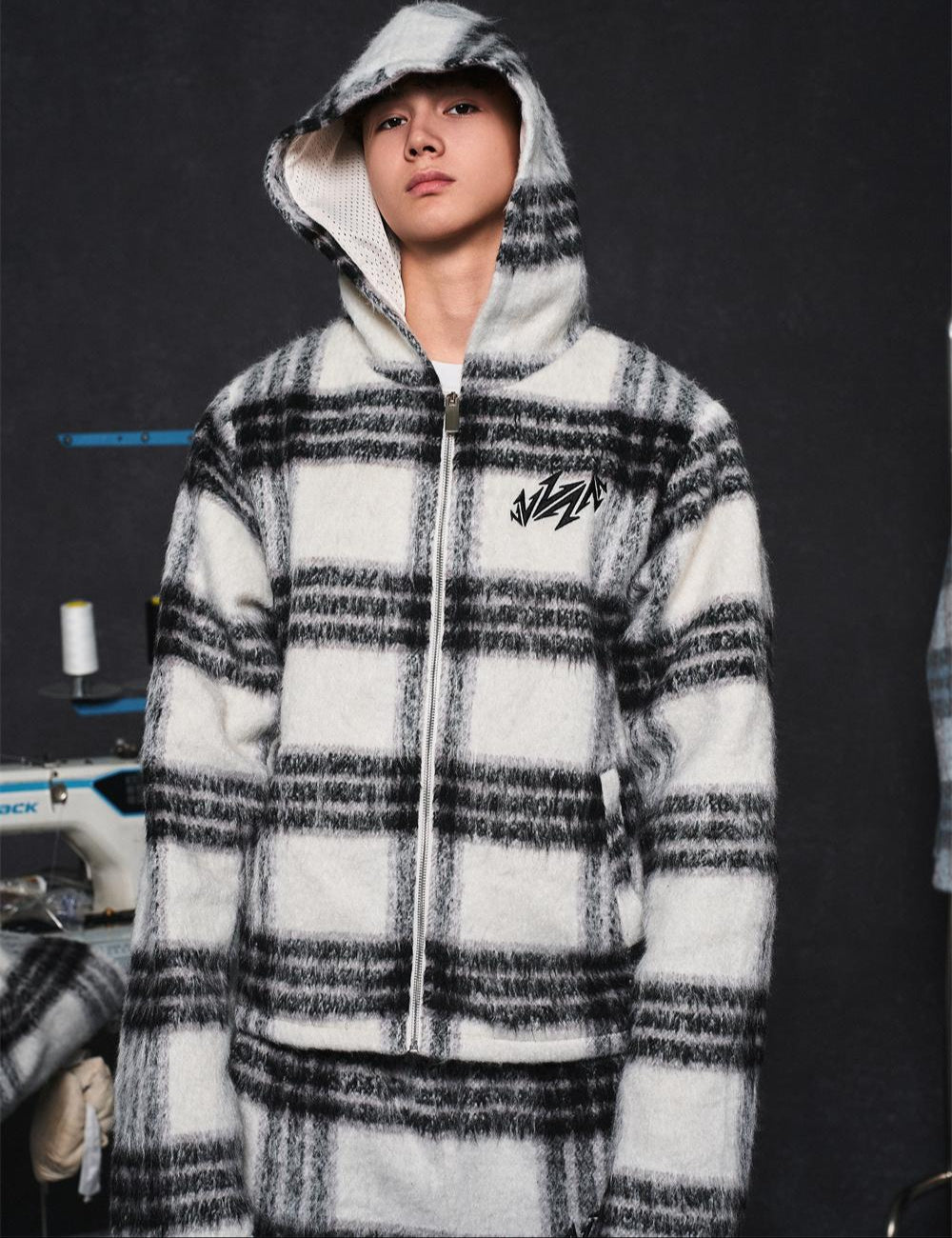 Mohair Jacquard Hooded Knit Jacket & Knit Pants Setup WN20981