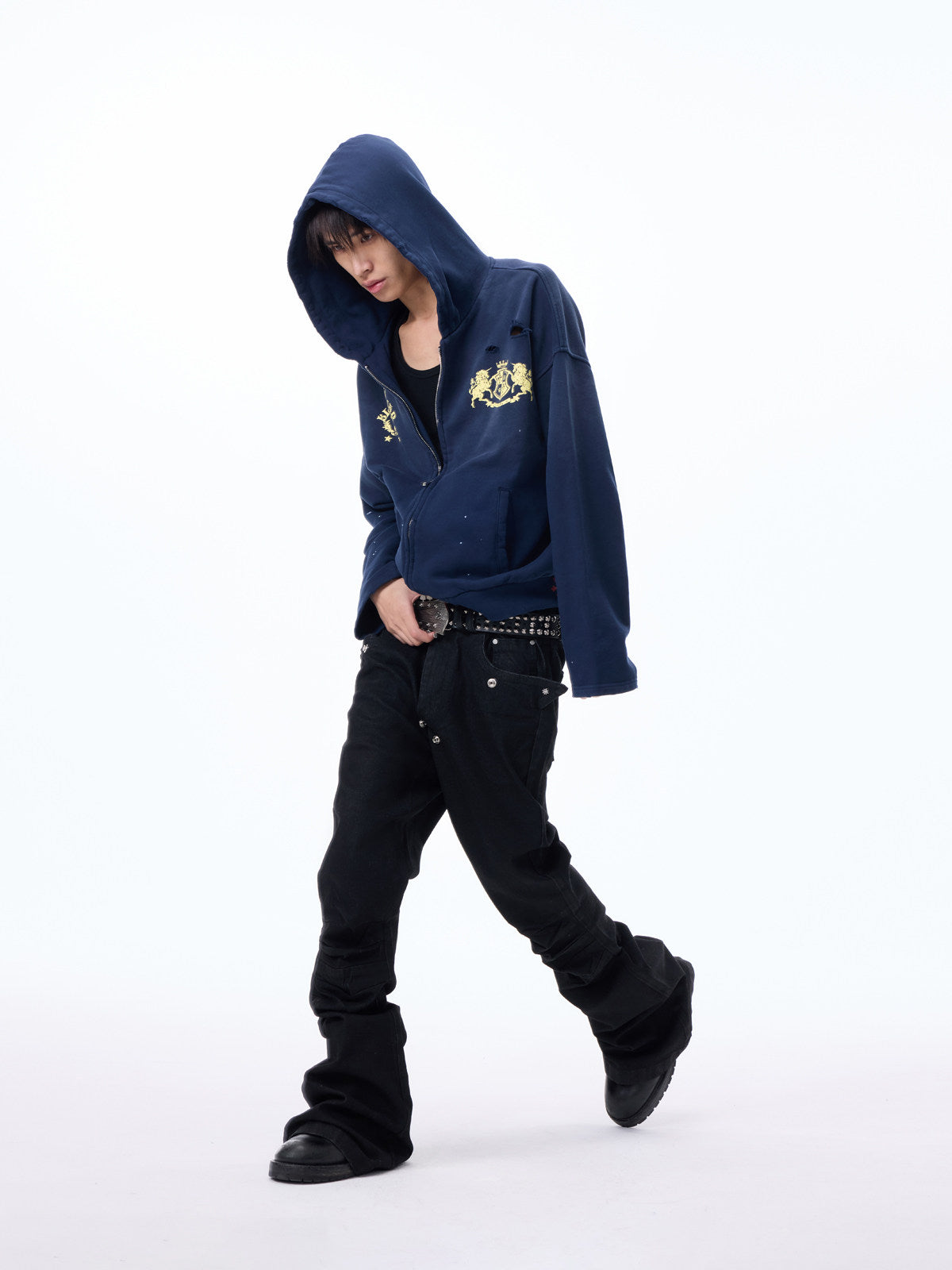 Washed Cutout Print Oversize Zipper Hoodie WN27320