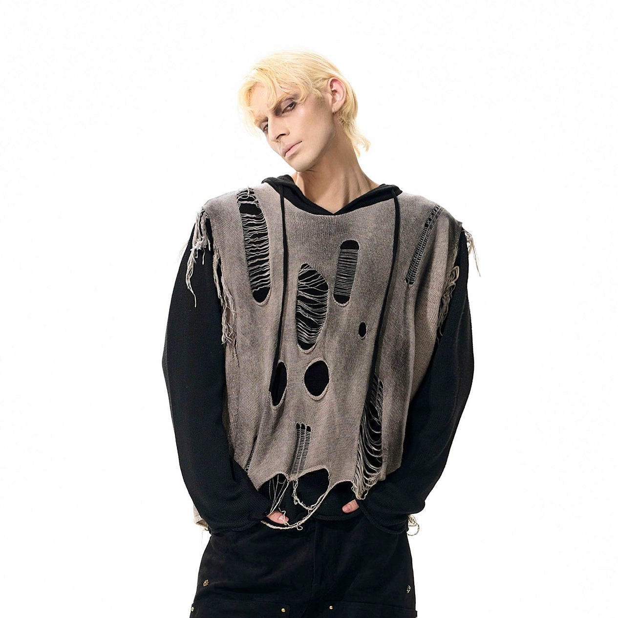 Washed Damage Fake Layered Knit Hoodie WN21964