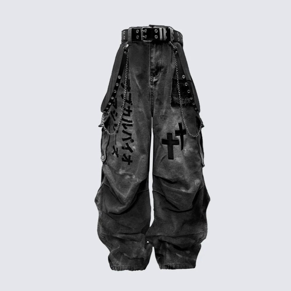 Cargo Pocket Letter Print Wide Leg Denim Jeans WN27787