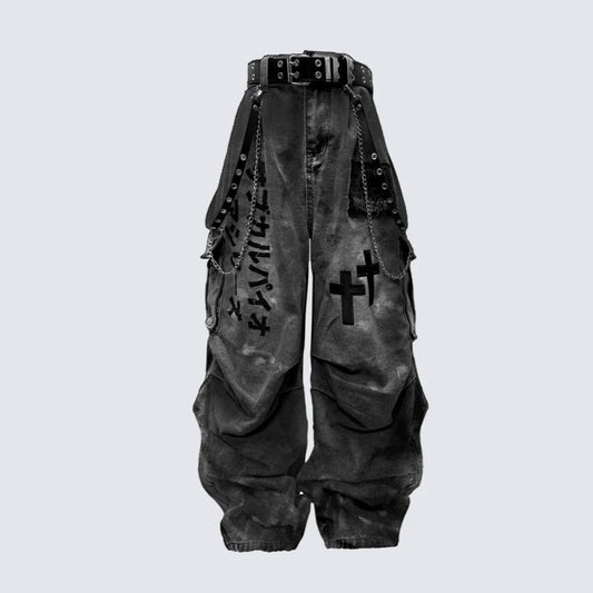 Cargo Pocket Letter Print Wide Leg Denim Jeans WN27787