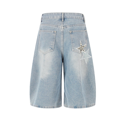 Star Patch Embroidery Curved Denim Half Pants WN25717