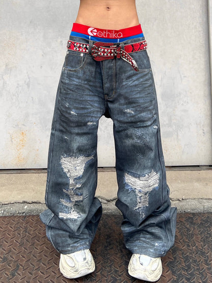 Damage Washed Wide Leg Denim Jeans WN24034