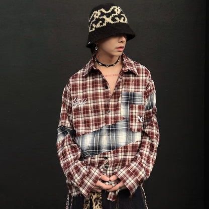 Patchwork Plaid Oversize Long Sleeve Shirt WN23026
