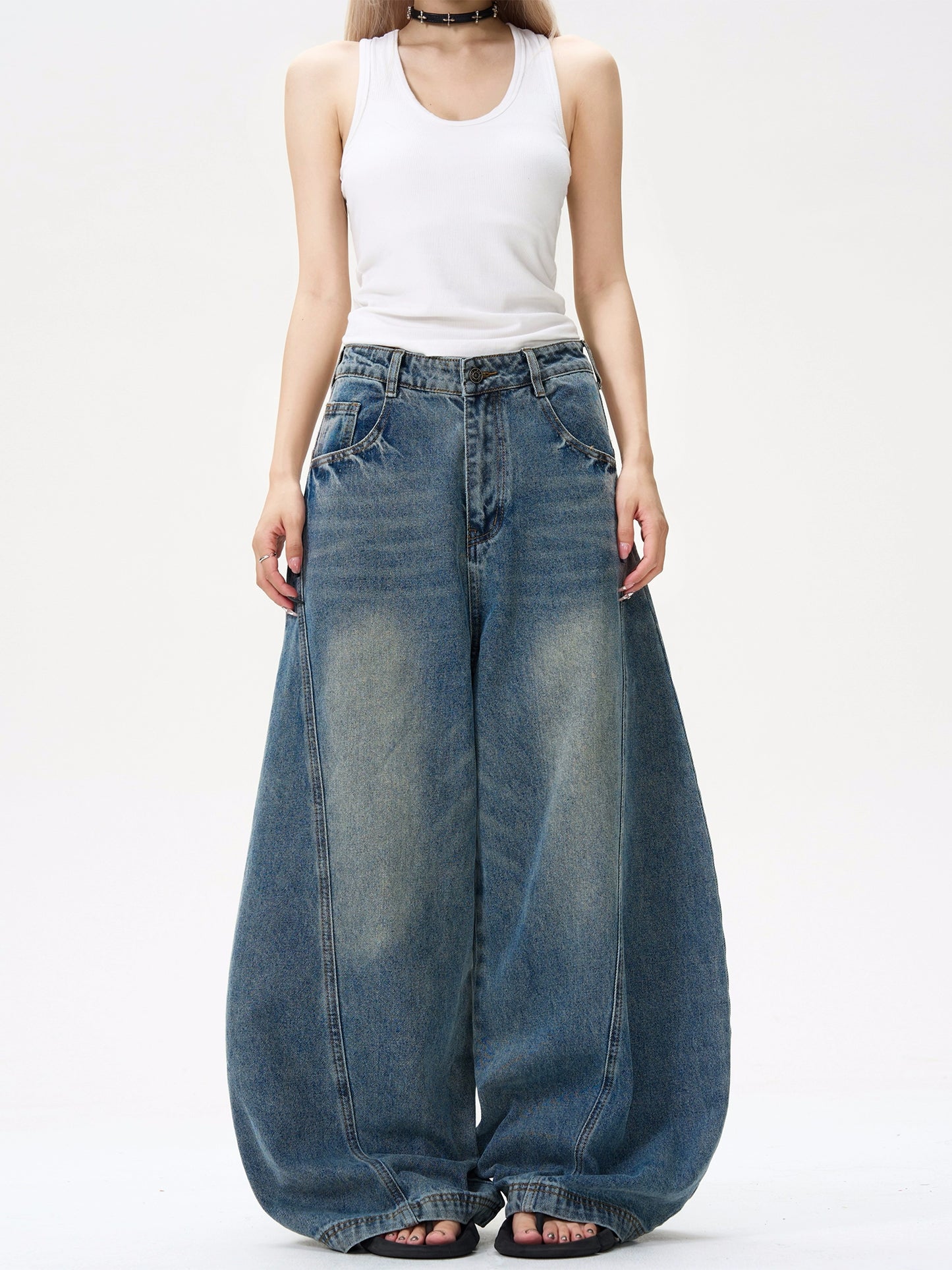 Washed Wide Leg Denim Jeans WN8450