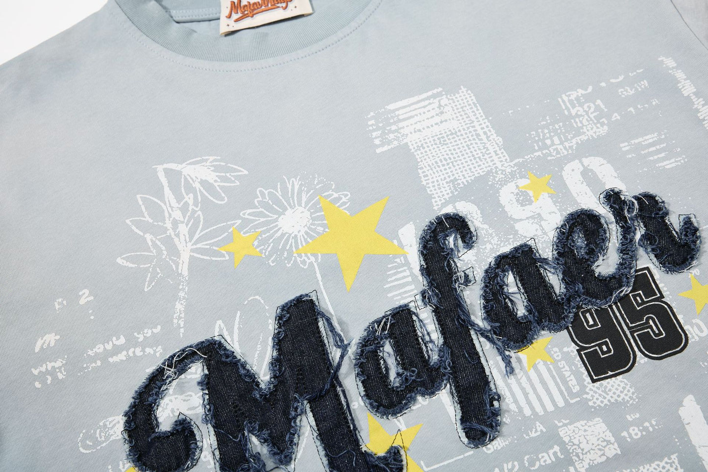 Star Applique Embroidery Washed Short Sleeve T-Shirt WN25651
