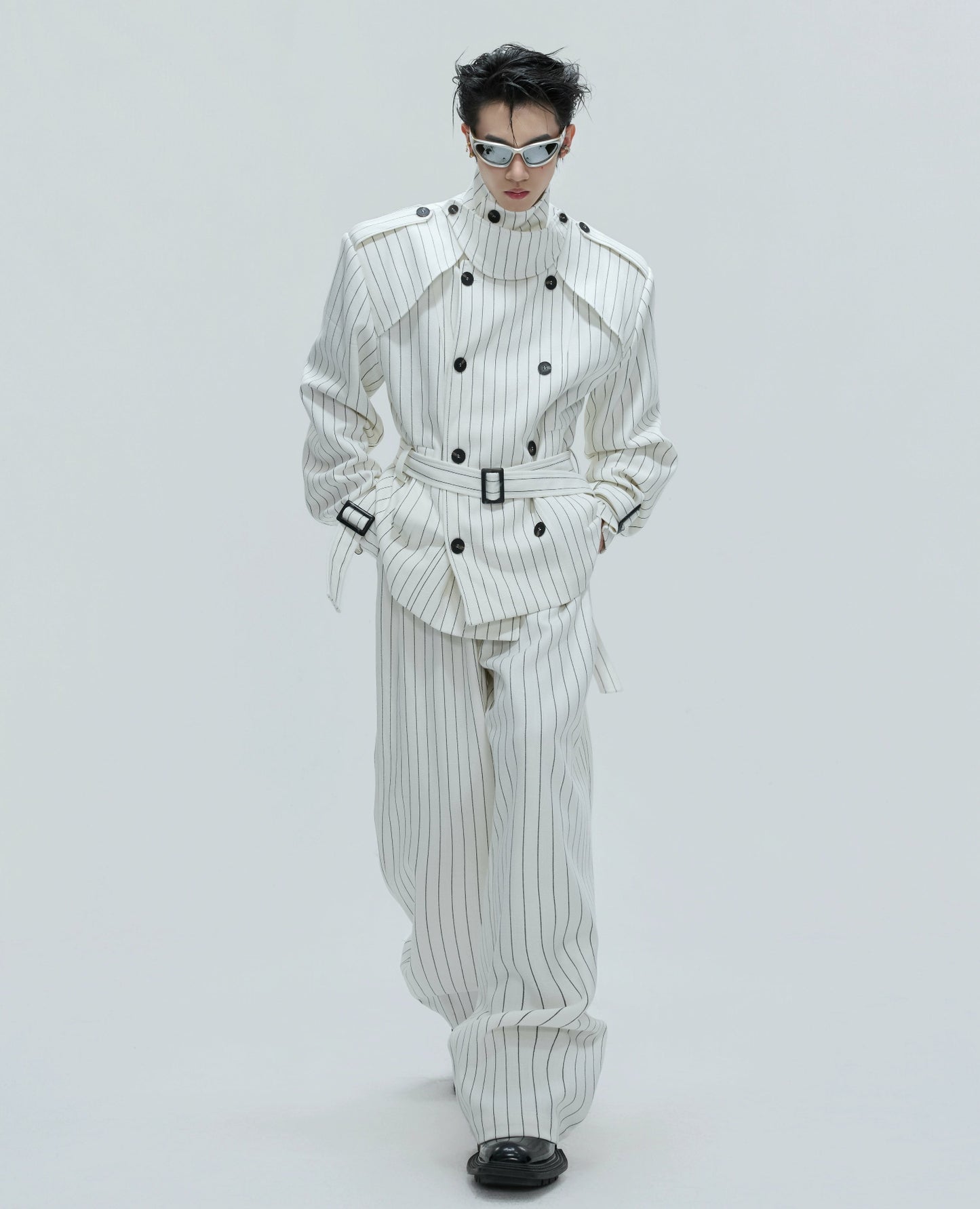 Stripe Multi-Panel Shoulder-Pad Belted Jacket & Trousers Setup WN21729