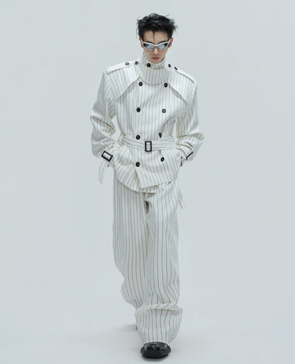 Stripe Multi-Panel Shoulder-Pad Belted Jacket & Trousers Setup WN21729