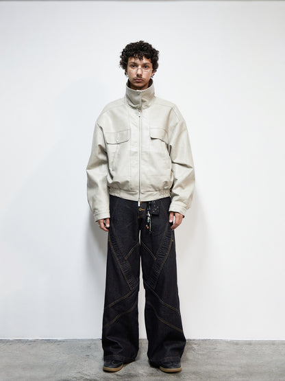 Vintage Imitation Cowhide PU Leather Stand Neck Short Jacket WN22924