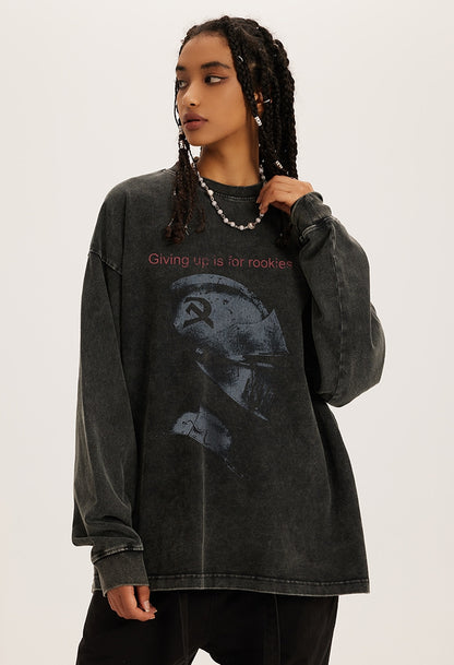 Washed Oversize Print Long Sleeve T-Shirt WN7886