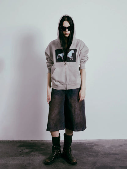 Horse Print Spray-Dye Zipper Hoodie WN19035