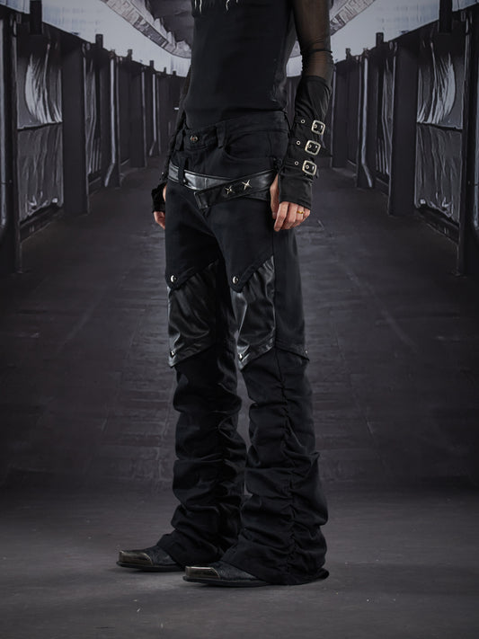 Metal Detail PU Leather Stretch Flare Denim Jeans WN22790