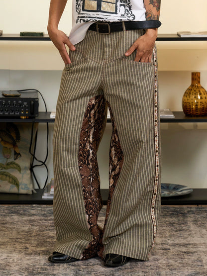 Snake Print Striped Patchwork Straight Leg Trousers WN18850