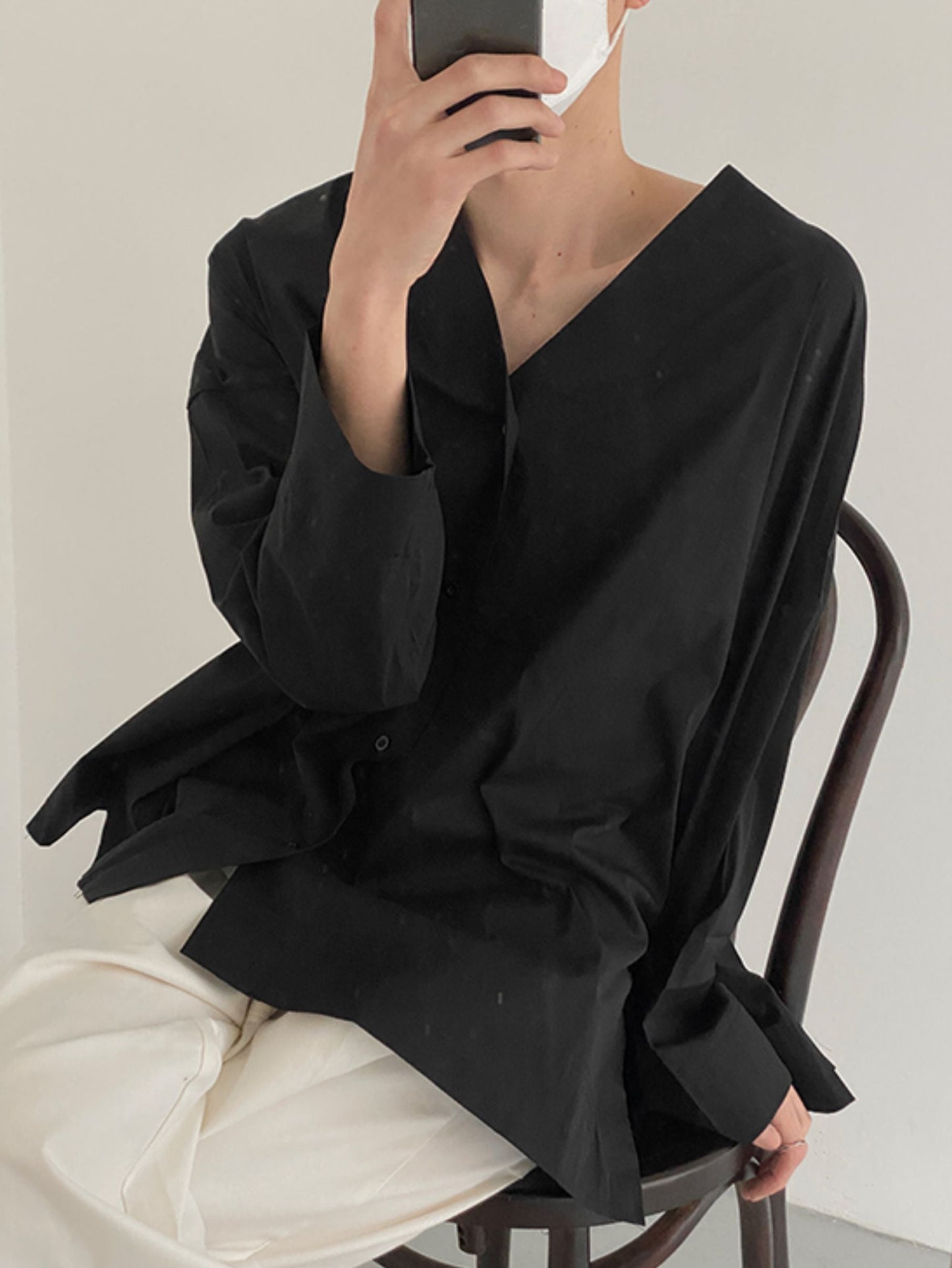 V-Neck Plain Long Sleeve Shirt WN21484