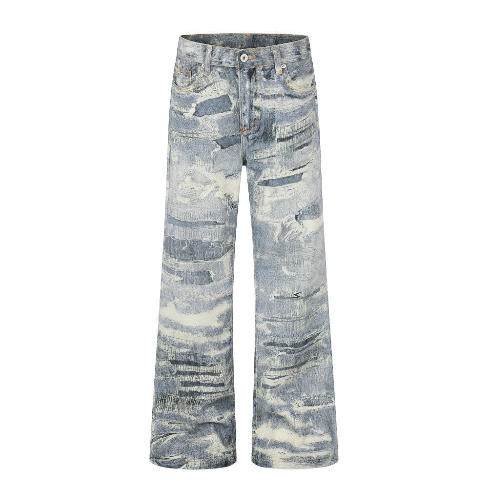 3D Print Damage Washed Wide Leg Denim Jeans WN27953