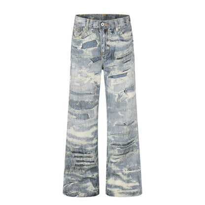 3D Print Damage Washed Wide Leg Denim Jeans WN27953