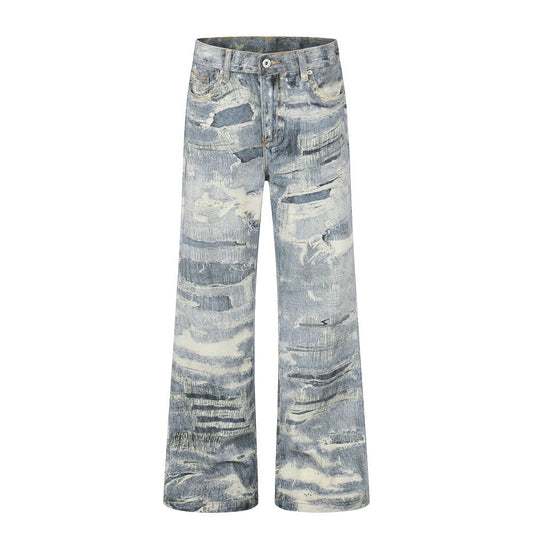 3D Print Damage Washed Wide Leg Denim Jeans WN27953