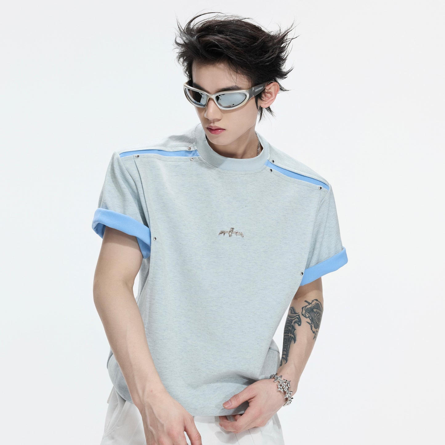 Contrast Panel Deconstructed Folded Sleeve Short Sleeve T-Shirt WN26995