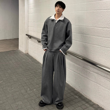 Fake Layered Striped-Collar Oversize Long Sleeve T-Shirt & Draped Wide Leg Pants Setup WN25224