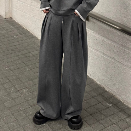 Fake Layered Striped-Collar Oversize Long Sleeve T-Shirt & Draped Wide Leg Pants Setup WN25224